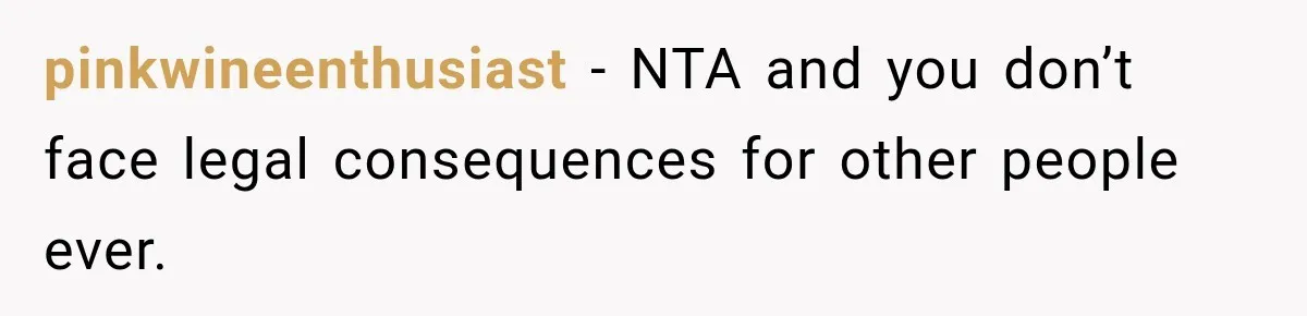 pinkwineenthusiast − NTA and you don’t face legal consequences for other people ever.