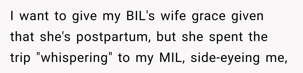 I want to give my BIL's wife grace given that she's postpartum, but she spent the trip "whispering" to my MIL, side-eyeing me,