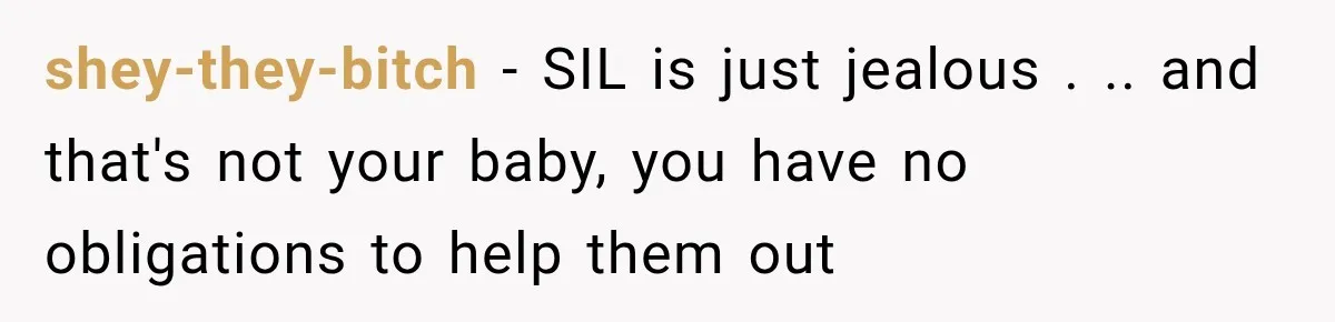 shey-they-bitch − SIL is just jealous . .. and that's not your baby, you have no obligations to help them out