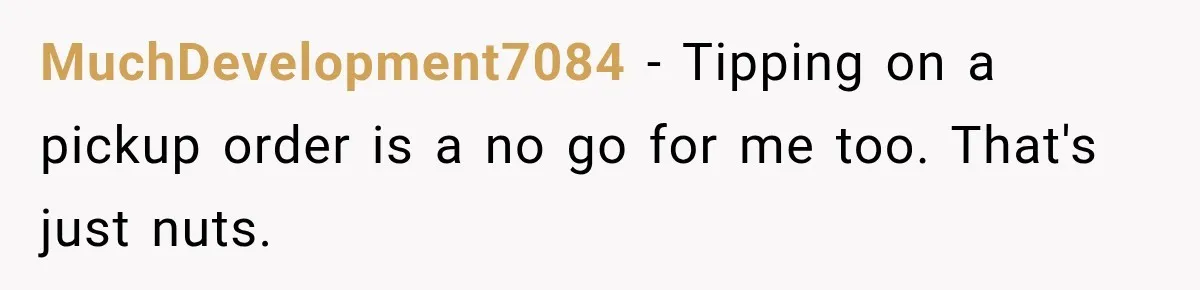 MuchDevelopment7084 − Tipping on a pickup order is a no go for me too. That's just nuts.