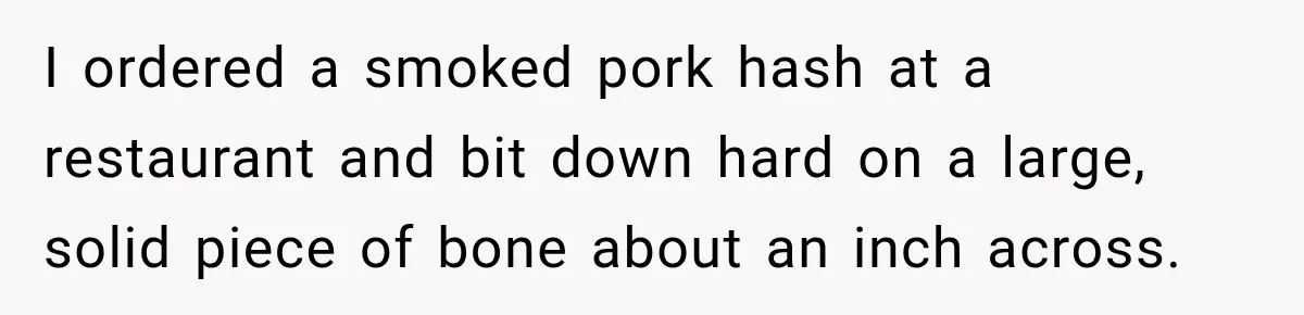 I ordered a smoked pork hash at a restaurant and bit down hard on a large, solid piece of bone about an inch across.