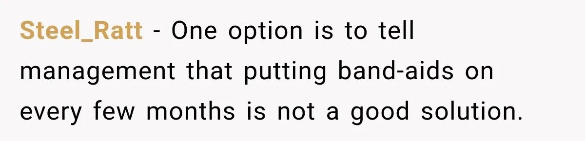 Steel_Ratt − One option is to tell management that putting band-aids on every few months is not a good solution.