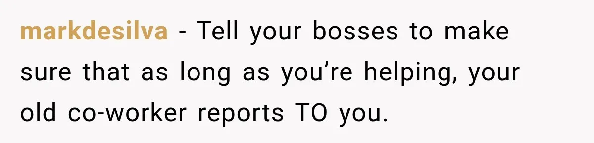 markdesilva − Tell your bosses to make sure that as long as you’re helping, your old co-worker reports TO you.