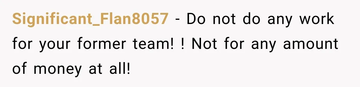 Significant_Flan8057 − Do not do any work for your former team! ! Not for any amount of money at all!