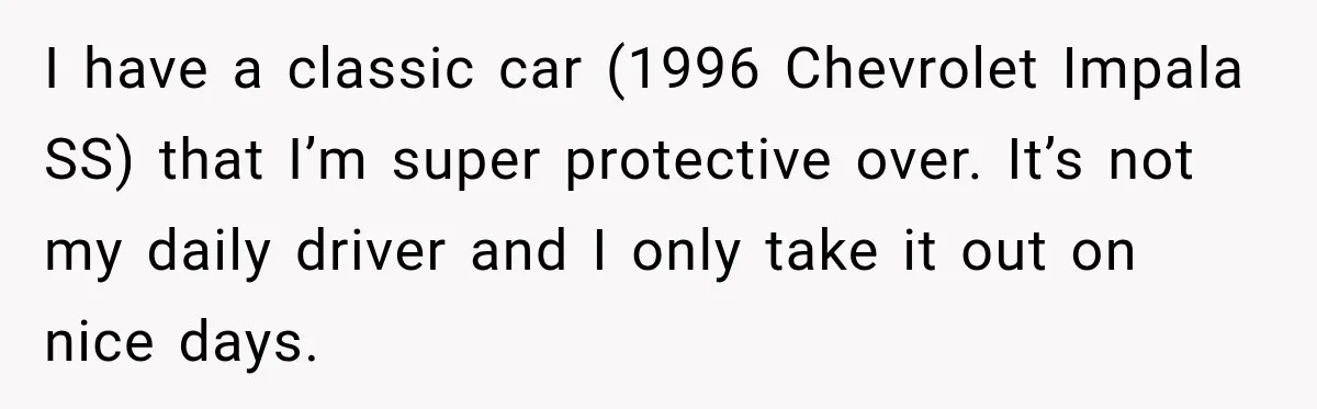 I have a classic car (1996 Chevrolet Impala SS) that I’m super protective over. It’s not my daily driver and I only take it out on nice days.