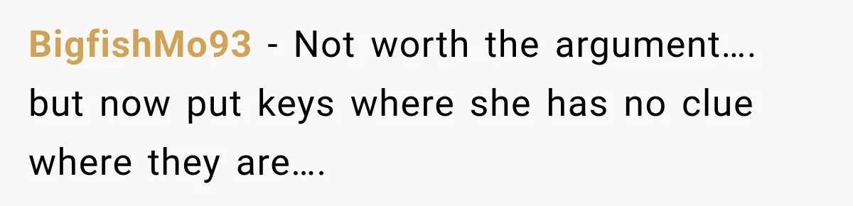 BigfishMo93 − Not worth the argument…. but now put keys where she has no clue where they are….