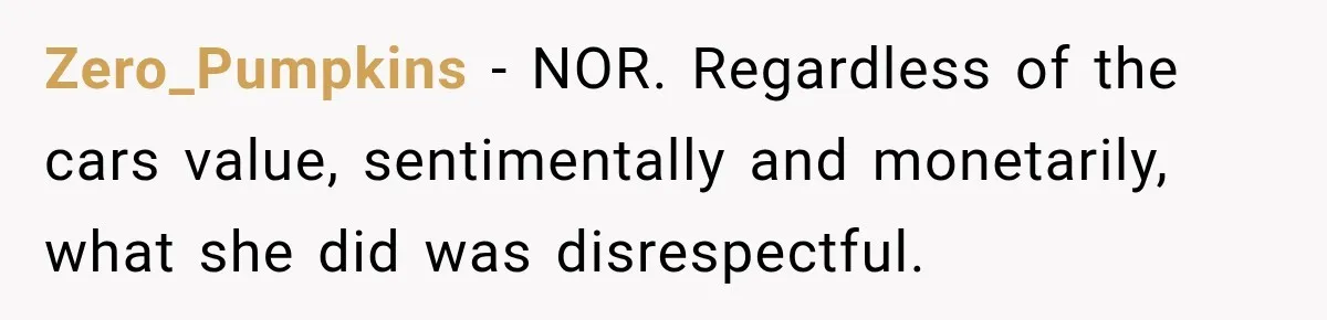 Zero_Pumpkins − NOR. Regardless of the cars value, sentimentally and monetarily, what she did was disrespectful.