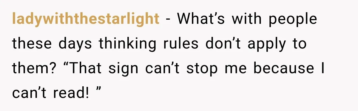 ladywiththestarlight − What’s with people these days thinking rules don’t apply to them? “That sign can’t stop me because I can’t read! ”
