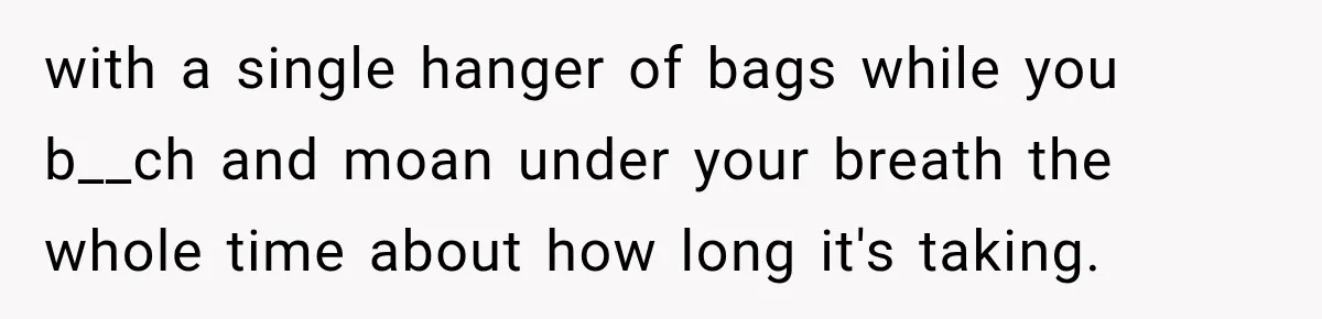 with a single hanger of bags while you b__ch and moan under your breath the whole time about how long it's taking.