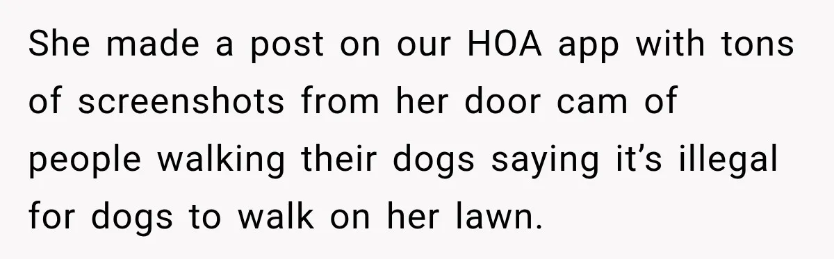 She made a post on our HOA app with tons of screenshots from her door cam of people walking their dogs saying it’s illegal for dogs to walk on her...