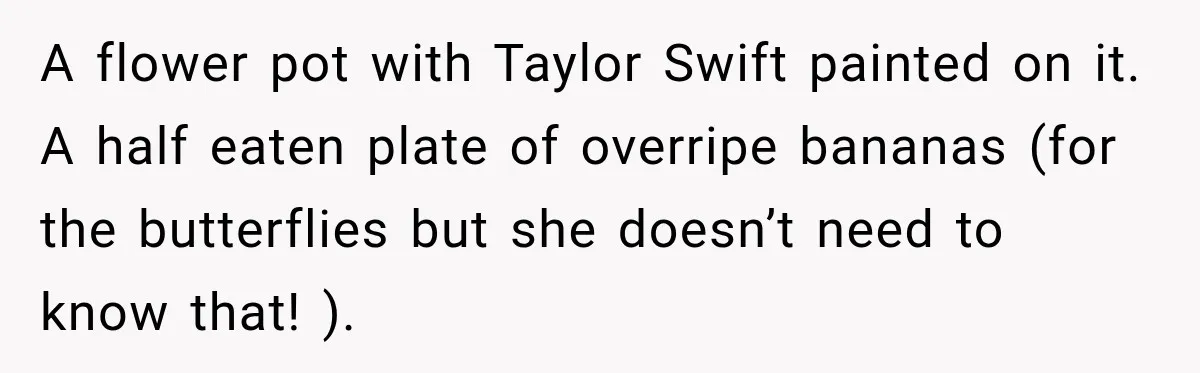 A flower pot with Taylor Swift painted on it. A half eaten plate of overripe bananas (for the butterflies but she doesn’t need to know that! ).