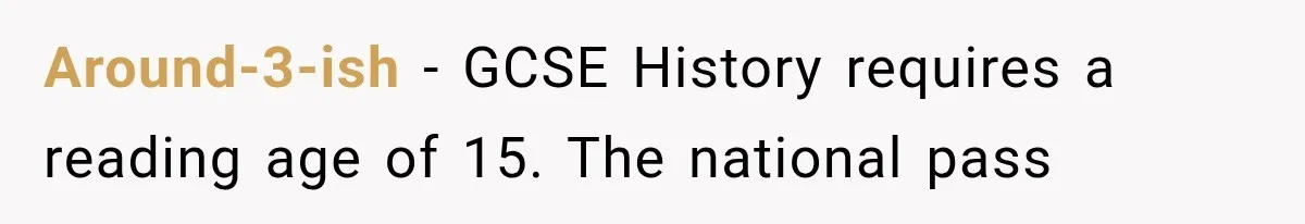 Around-3-ish − GCSE History requires a reading age of 15. The national pass