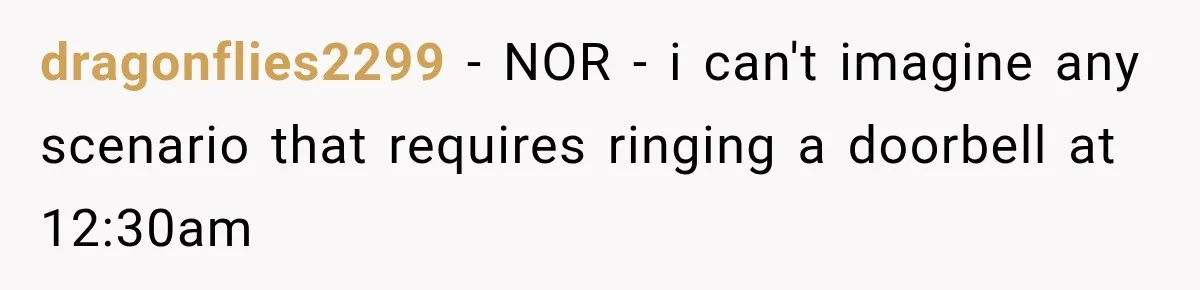 dragonflies2299 − NOR - i can't imagine any scenario that requires ringing a doorbell at 12:30am