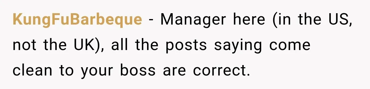 KungFuBarbeque − Manager here (in the US, not the UK), all the posts saying come clean to your boss are correct.