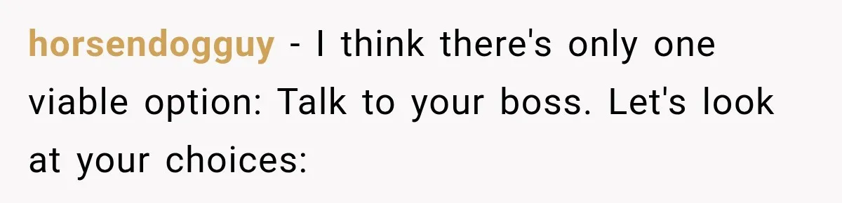 horsendogguy − I think there's only one viable option: Talk to your boss. Let's look at your choices: