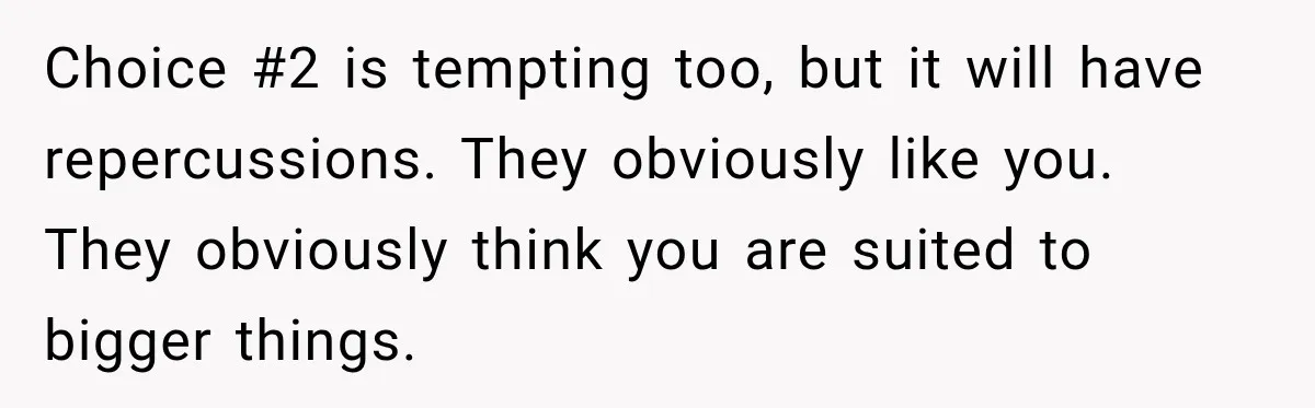 Choice #2 is tempting too, but it will have repercussions. They obviously like you. They obviously think you are suited to bigger things.