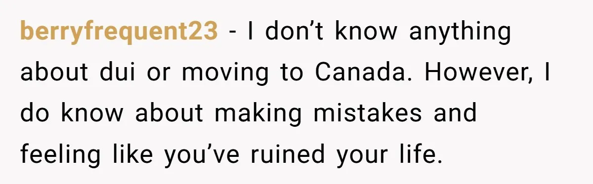 berryfrequent23 − I don’t know anything about dui or moving to Canada. However, I do know about making mistakes and feeling like you’ve ruined your life.