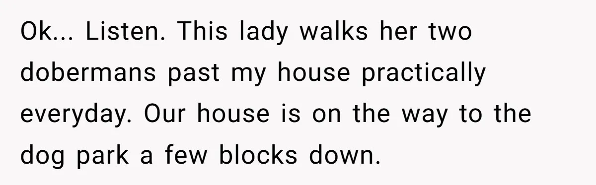 Ok... Listen. This lady walks her two dobermans past my house practically everyday. Our house is on the way to the dog park a few blocks down.