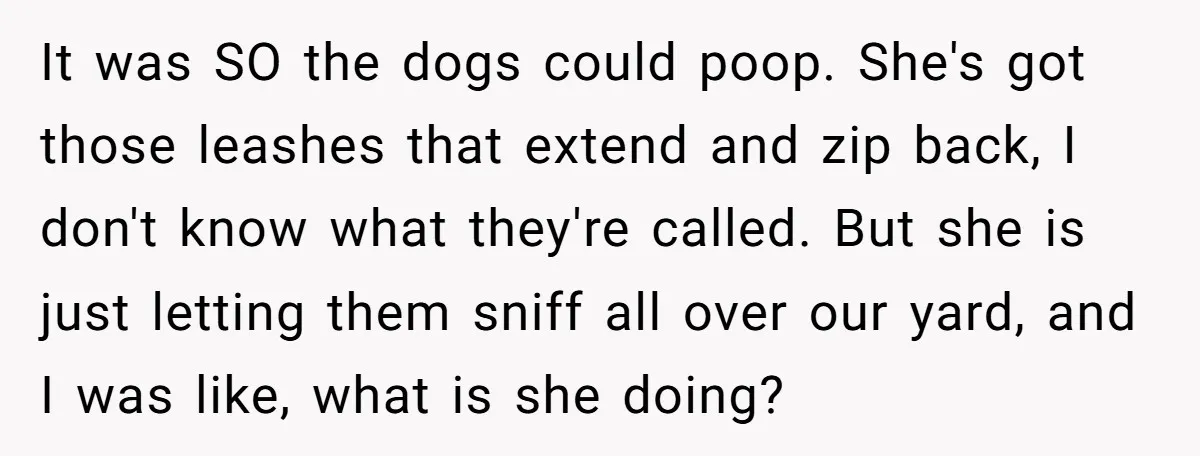 It was SO the dogs could poop. She's got those leashes that extend and zip back, I don't know what they're called. But she is just letting them sniff all...