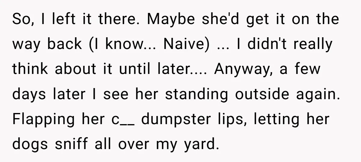 So, I left it there. Maybe she'd get it on the way back (I know... Naive) ... I didn't really think about it until later.... Anyway, a few days later...