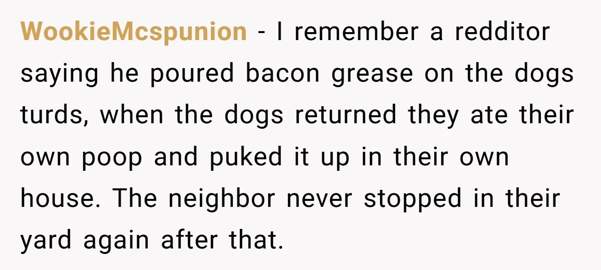 WookieMcspunion − I remember a redditor saying he poured bacon grease on the dogs turds, when the dogs returned they ate their own poop and puked it up in their...