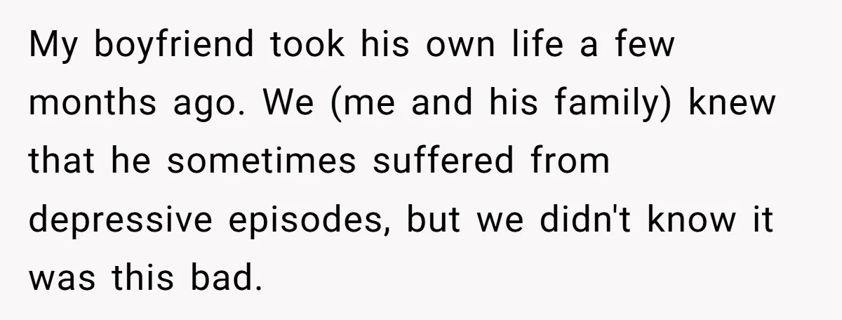 My boyfriend took his own life a few months ago. We (me and his family) knew that he sometimes suffered from depressive episodes, but we didn't know it was this...