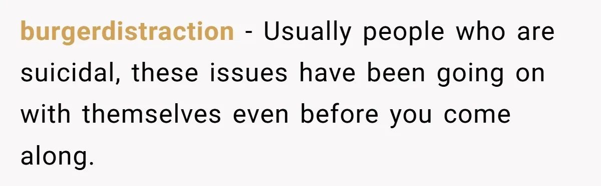 burgerdistraction − Usually people who are suicidal, these issues have been going on with themselves even before you come along.