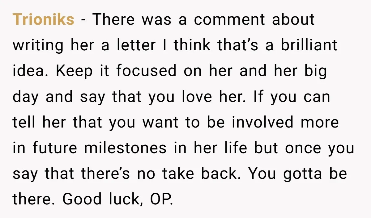 Trioniks − There was a comment about writing her a letter I think that’s a brilliant idea. Keep it focused on her and her big day and say that you...