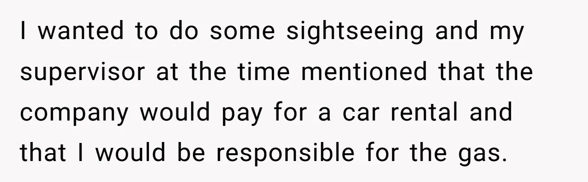 I wanted to do some sightseeing and my supervisor at the time mentioned that the company would pay for a car rental and that I would be responsible for the...
