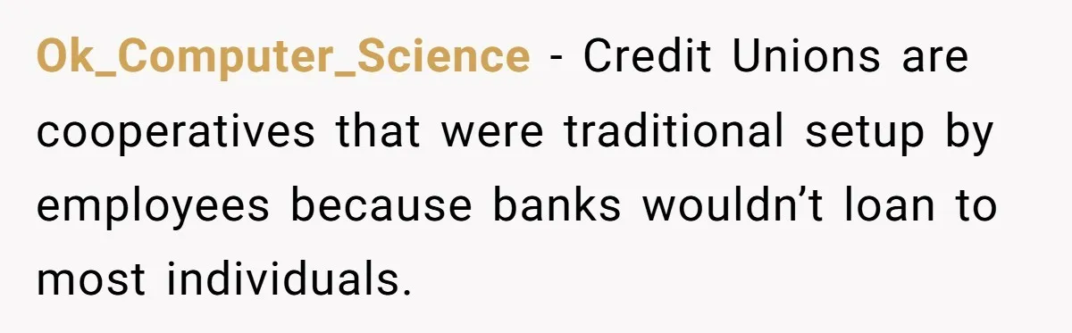Ok_Computer_Science − Credit Unions are cooperatives that were traditional setup by employees because banks wouldn’t loan to most individuals.