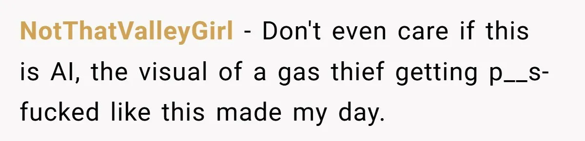 NotThatValleyGirl − Don't even care if this is AI, the visual of a gas thief getting p__s-fucked like this made my day.