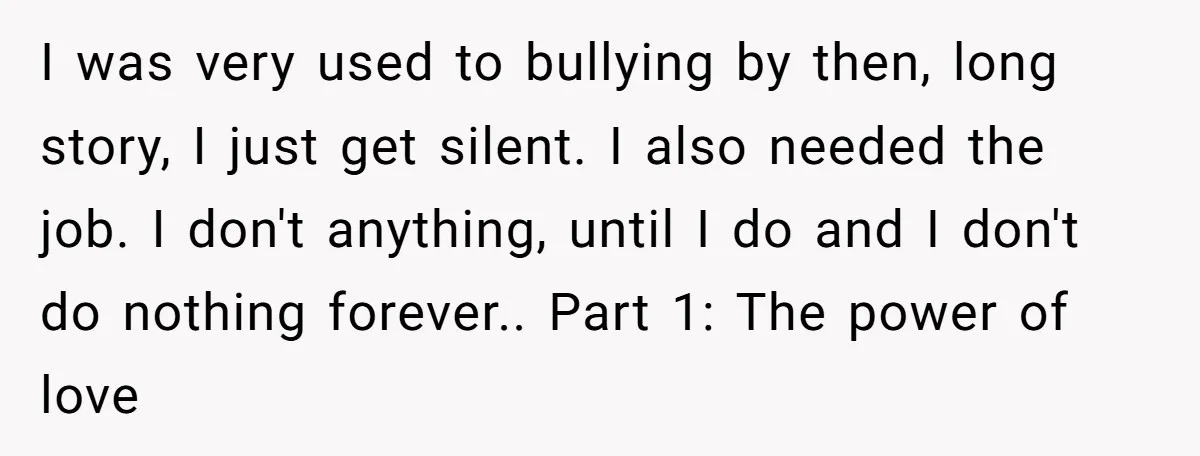 I was very used to bullying by then, long story, I just get silent. I also needed the job. I don't anything, until I do and I don't do nothing...