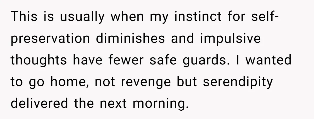 This is usually when my instinct for self-preservation diminishes and impulsive thoughts have fewer safe guards. I wanted to go home, not revenge but serendipity delivered the next morning.