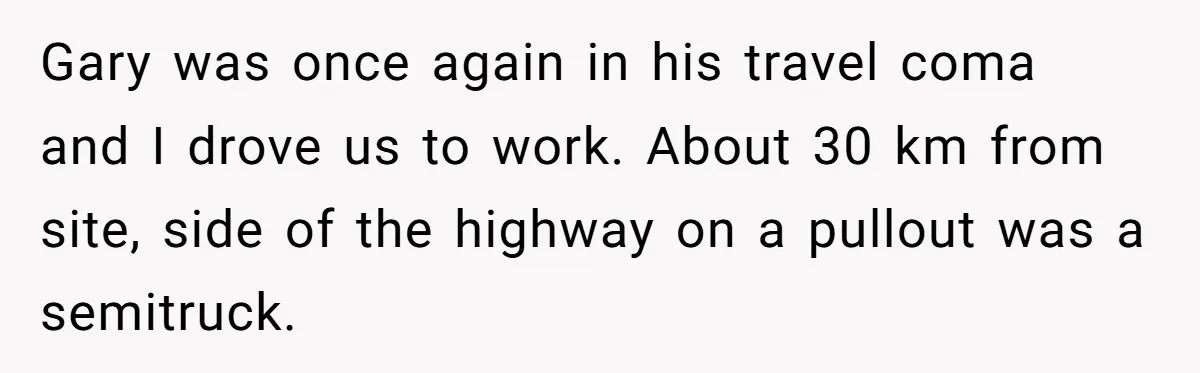 Gary was once again in his travel coma and I drove us to work. About 30 km from site, side of the highway on a pullout was a semitruck.
