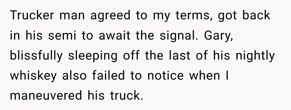 Trucker man agreed to my terms, got back in his semi to await the signal. Gary, blissfully sleeping off the last of his nightly whiskey also failed to notice when...
