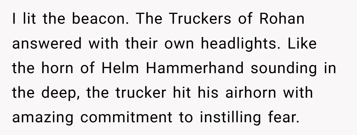 I lit the beacon. The Truckers of Rohan answered with their own headlights. Like the horn of Helm Hammerhand sounding in the deep, the trucker hit his airhorn with amazing...