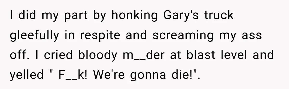 I did my part by honking Gary's truck gleefully in respite and screaming my ass off. I cried bloody m__der at blast level and yelled " F__k! We're gonna die!".