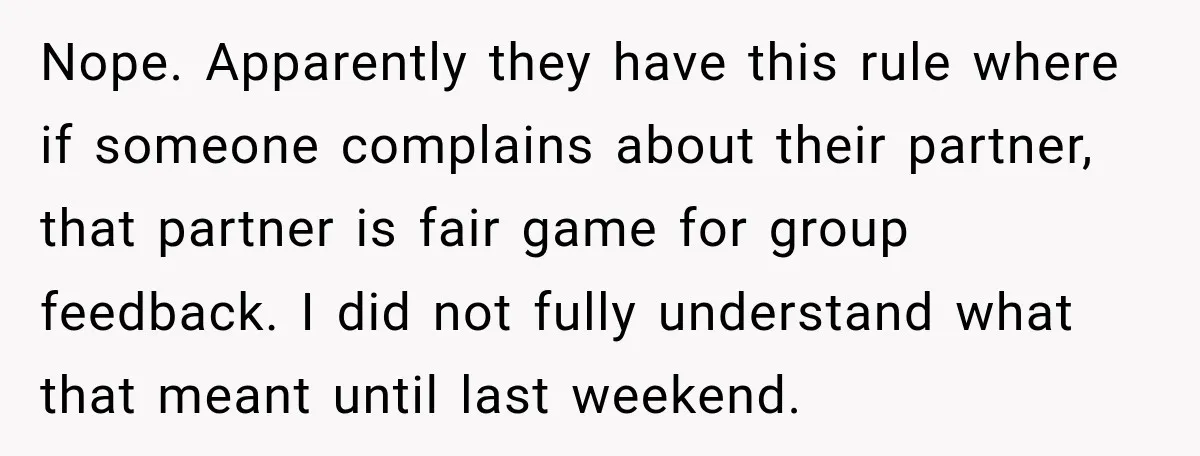 Nope. Apparently they have this rule where if someone complains about their partner, that partner is fair game for group feedback. I did not fully understand what that meant until...