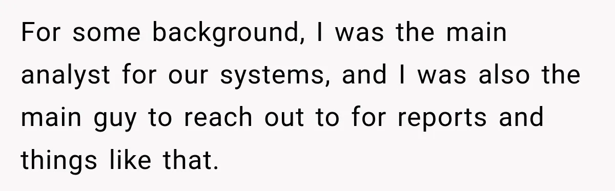 For some background, I was the main analyst for our systems, and I was also the main guy to reach out to for reports and things like that.