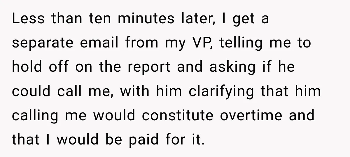 Less than ten minutes later, I get a separate email from my VP, telling me to hold off on the report and asking if he could call me, with him...