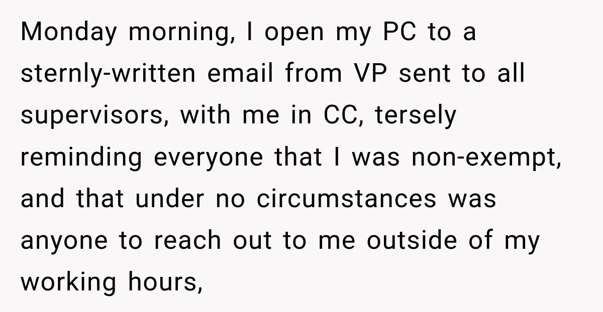 Monday morning, I open my PC to a sternly-written email from VP sent to all supervisors, with me in CC, tersely reminding everyone that I was non-exempt, and that under...