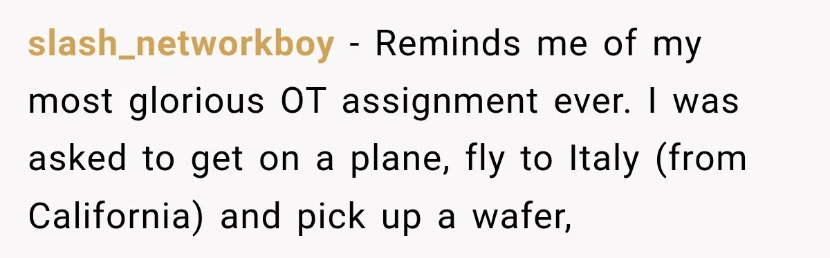 slash_networkboy − Reminds me of my most glorious OT assignment ever. I was asked to get on a plane, fly to Italy (from California) and pick up a wafer,
