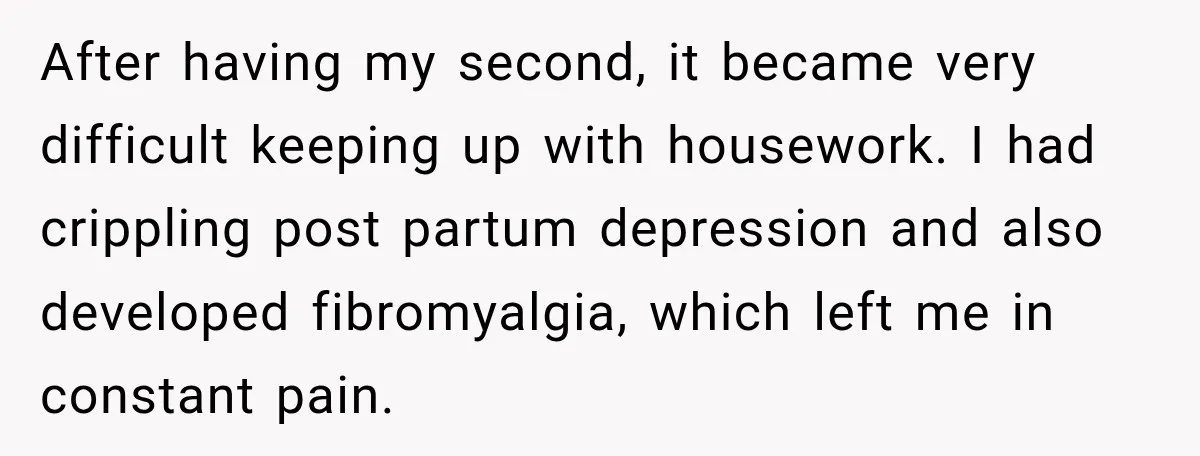 After having my second, it became very difficult keeping up with housework. I had crippling post partum depression and also developed fibromyalgia, which left me in constant pain.