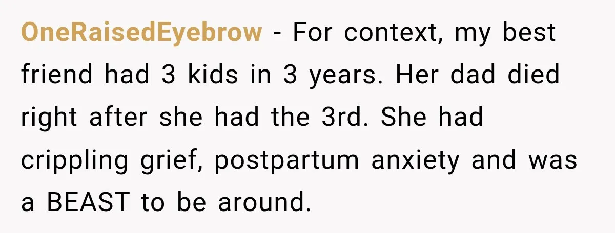 OneRaisedEyebrow − For context, my best friend had 3 kids in 3 years. Her dad died right after she had the 3rd. She had crippling grief, postpartum anxiety and was...