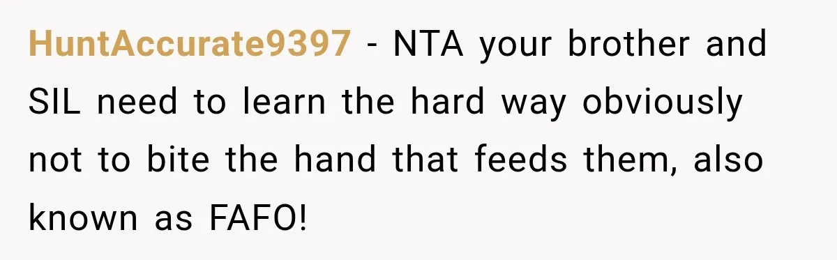 HuntAccurate9397 − NTA your brother and SIL need to learn the hard way obviously not to bite the hand that feeds them, also known as FAFO!