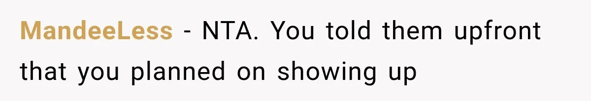 MandeeLess − NTA. You told them upfront that you planned on showing up
