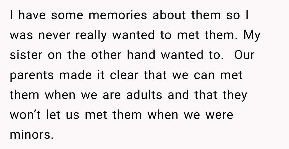 I have some memories about them so I was never really wanted to met them. My sister on the other hand wanted to. Our parents made it clear that we...
