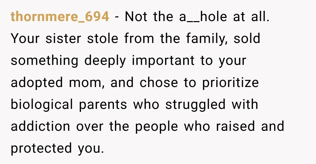 thornmere_694 − Not the a__hole at all. Your sister stole from the family, sold something deeply important to your adopted mom, and chose to prioritize biological parents who struggled with...