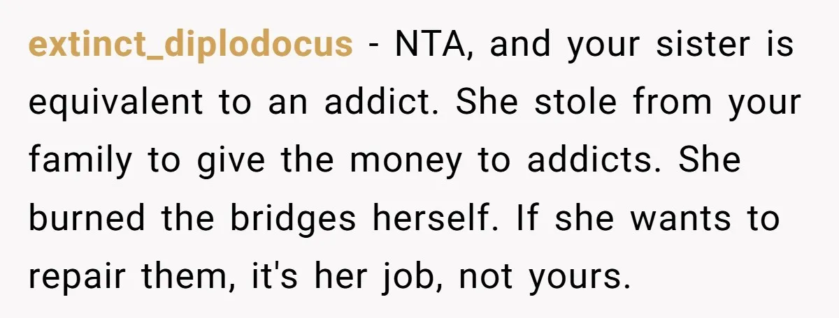 extinct_diplodocus − NTA, and your sister is equivalent to an addict. She stole from your family to give the money to addicts. She burned the bridges herself. If she wants...