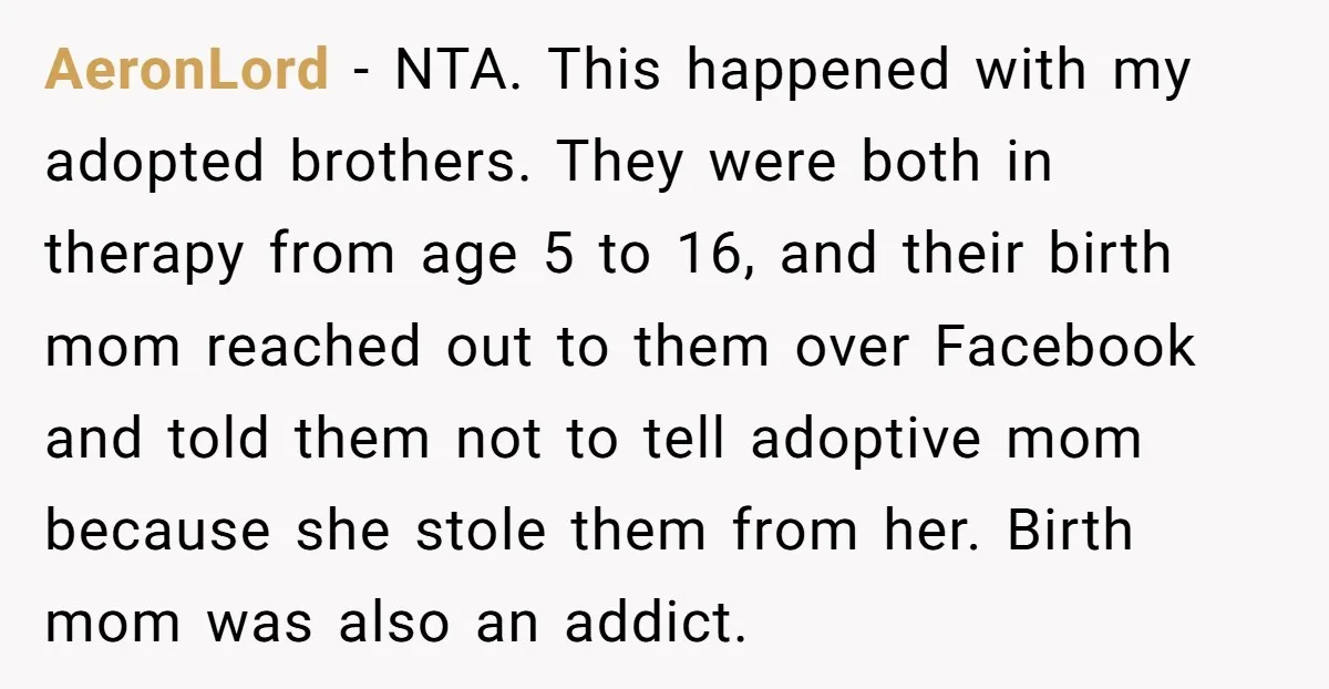 AeronLord − NTA. This happened with my adopted brothers. They were both in therapy from age 5 to 16, and their birth mom reached out to them over Facebook and...
